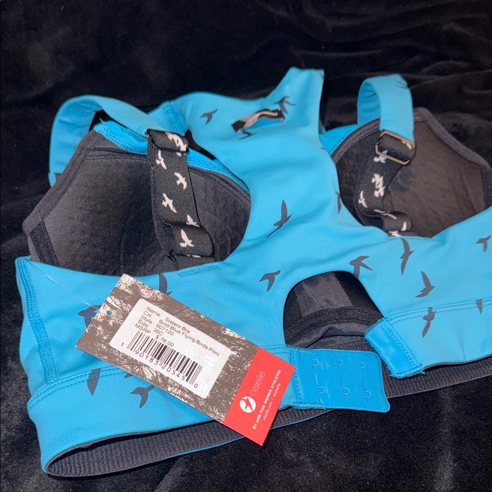 Oiselle Teal Bra with Black Bird Pattern 36C New - Picture 10 of 11